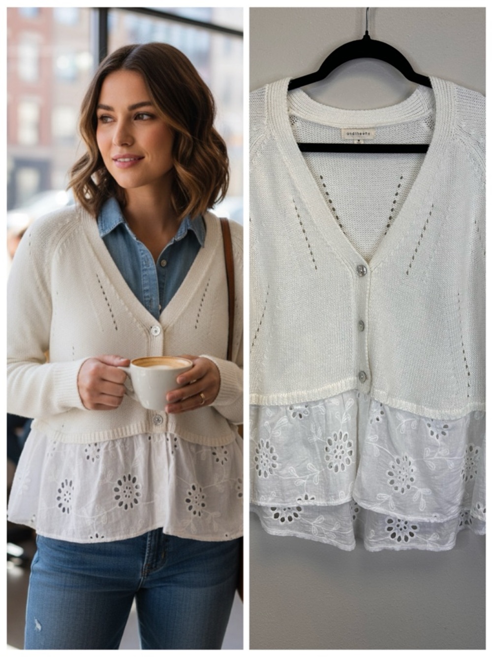 Cottagecore Cream Eyelet Peplum V-Neck Cardigan Size M Boho Country Sweater